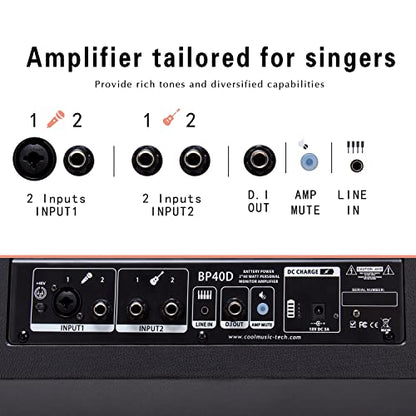 Coolmusic BP40D Powered Acoustic Guitar Amplifier- Portable Bluetooth Speaker 80W W/Battery with Reverb Chorus Delay Effect, 6 Inputs,3 Band EQ, Black - color: Black