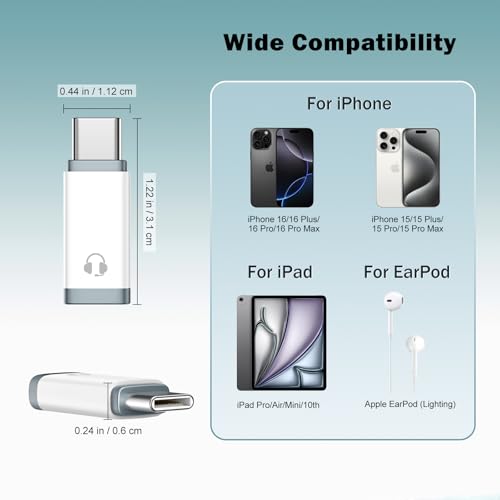 TiMOVO Lighting to USB C Audio Headphone Adapter with Line Control, White | Lighting to USB C Earphone Adaptor for iPhone 17/16/15 Series, iPad Air/Pro/Mini, Not for Charging and Data Transfer - color: White