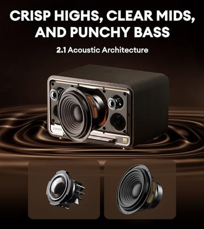 Edifier D32 Retro Wooden Tabletop Wireless Speaker AirPlay2, Black Walnut | 60W RMS, Dual Hi-Res, Bluetooth5.3, Hi-Res Audio, ALAC, LDAC, 11H Battery, DSP Crossover, MDF Retro Cabinet, USB-C, AUX Input - color: Black Walnut