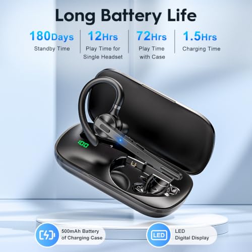 Bluetooth Headset 72H Work Single-Ear Wireless Earpiece for Cell Phone Call | 2 Charging Ways & 500mAh Charging Case,Dual Mic ENC Noise Cancel, Mute Button,V5.1 Hands-Free for Phone and Laptop - color: All Black