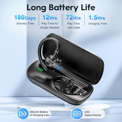 Bluetooth Headset 72H Work Single-Ear Wireless Earpiece for Cell Phone Call | 2 Charging Ways & 500mAh Charging Case,Dual Mic ENC Noise Cancel, Mute Button,V5.1 Hands-Free for Phone and Laptop - color: All Black