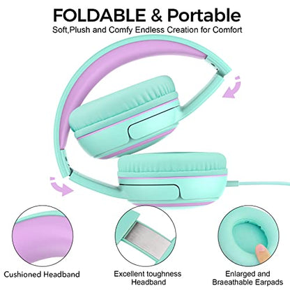 JOMILIN A10 Kids Headphones with Microphone, Folding Portable Wired Headphones with 1.5M No-Tangle Cord for Smartphone Tablet Computer MP3/4 (Green)