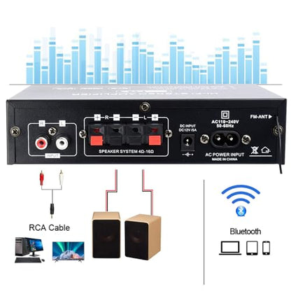 AK35 Stereo Amplifier Home Audio Bluetooth 5.0 Max 200W 2.0 Channel Mini Amplifier Stereo Receivers for Car, Home Party, Audio Amplifier AMP w/USB/TF Card/AUX Input/Bass & Treble Control - size: AK35