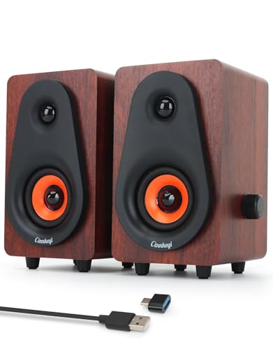 PC Speakers 12W, Wooden Computer Speakers USB Powered with Dual Diaphragm, High-Fidelity Stereo Sound for Desktop Laptop Monitor Tablet, Built-in Audio Output Jack (Brown) - color: Brown