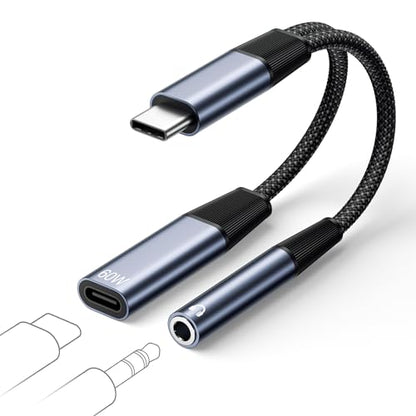 2 in 1 USB C to 3.5mm Jack and Charger Adapter, USB C Headphone Adapter | Type C to Aux to USBC Splitter with 60W PD Fast Charging for Samsung S26 S25,iPhone 17 16 15 Pro Max Plus,iPad, Pixel,Huawei