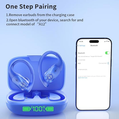 Wireless Earbuds with Ear Hooks 96H Playtime for iPhone Android | LED Display Deep Bass Stereo Sound Built in Mic Sweat Resistant Design Low Latency Mode for Sports Gaming - color: Blue