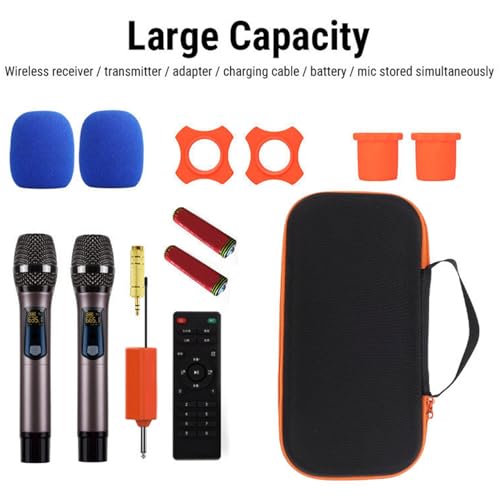 Hard Shell Dual Microphone Case - Protective Carrying Case Shockproof Travel Bag for 2 Wireless Mics, Padded Handheld Mic Storage with Handle, Mesh Pockets