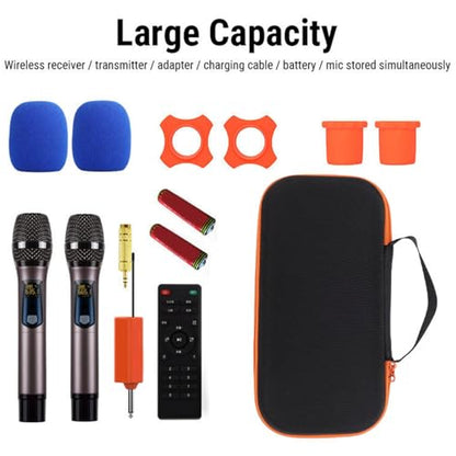 Hard Shell Dual Microphone Case - Protective Carrying Case Shockproof Travel Bag for 2 Wireless Mics, Padded Handheld Mic Storage with Handle, Mesh Pockets