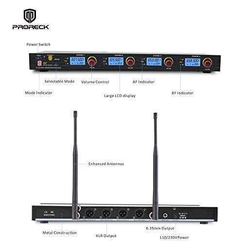 PRORECK MX44 4-Channel UHF Wireless Microphone System with 4 Hand-held Microphones Karaoke Machine for Party/Wedding/Church/Conference/Speech