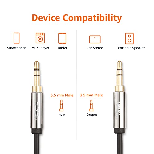 Amazon Basics 3.5mm Stereo Audio Auxiliary Cable for Speakers, Car Stereo, Tablets and Smartphones with Gold-Plated Plugs, 8 Foot, Black - size: 8 ft (1 Pack)