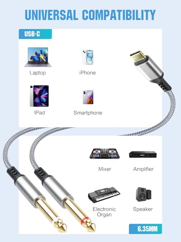 2 Pack USB C to 1/4 Audio Cable 6.35mm TS to Type C Y-Splitter Audio Cable