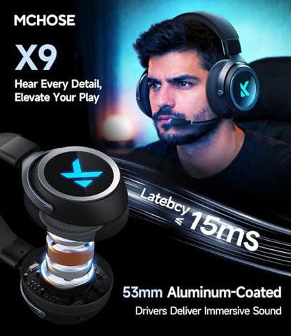 MCHOSE X9 Wireless Gaming Headset with 200 Hours Battery Life, 2.4GHz/Wireless/Wired, 53mm Driver, 7.1 Surround Sound, Low Latency Mic, RGB, Multi-Platform Compatibility, Mobile - color: Rose Red