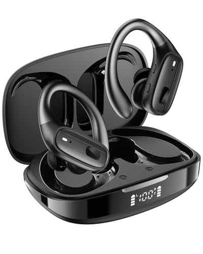 LEEMC Wireless Earbuds, Bluetooth Headphones 5.4, 80Hr Playtime Ear Buds with Hooks for Sports, Noise Canceling, LED Display, IPX7 Waterproof Earphones for Workout Running, Onyx
