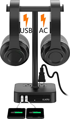 KAFRI Dual Headphone Stand with USB Charger Desk Gaming Double Headset Holder Hanger Rack with 2 USB Charging Port and 2 Outlet - Suitable for Gamer Desktop Table Game Earphone Accessories Gift - color: Black pro