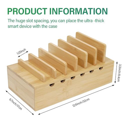 Bamboo Charging Station for Multiple Devices, Desk Docking Stations Organizer Compatible with iPhone Devices, Wood Charging Cell Phone Holder Stand (Includes 6 Cables) (NO Power Supply)