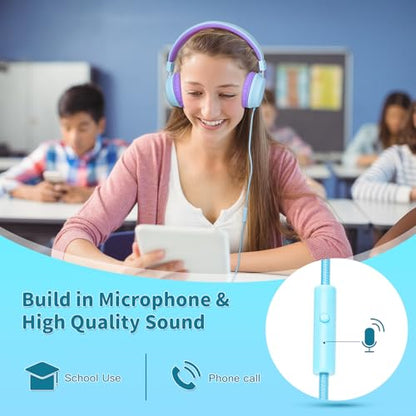 Olyre Kids Headphones, Toddler Headphones with Cord for School Plane Travel, Lightweight Stereo Wired Children Earphones with HD Microphone for Boys Girls for PC Cellphone Tablet(Icy Mint Blue/Purple) | Blue, purple; Over ear headphones with cord for scho