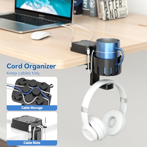 KDD 3 in 1 Headphone Hanger with Cup Holder - Rotatable Headset Hook & Desk Cord Organizer - Suitable for Coffee Mups, Water Cups, Headphone, Charging Cables, Home & Office