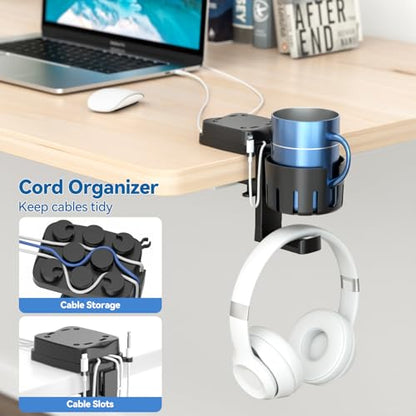 KDD 3 in 1 Headphone Hanger with Cup Holder - Rotatable Headset Hook & Desk Cord Organizer - Suitable for Coffee Mups, Water Cups, Headphone, Charging Cables, Home & Office