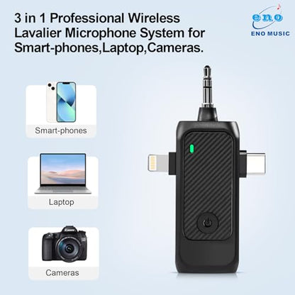 ENO MUSIC 3 in 1 Clip-on Wireless Lavalier Microphones for iPhone, Android, Camera, 8 Hours Rechargeable Battery, USB-C Microphone with Noise Reduction for Video Recording, Vlog, YouTube, TikTok