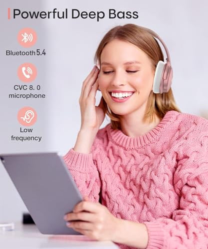INFURTURE H1 Active Noise Cancelling Bluetooth Headphone Over Ear Deep Bass | Comfortable, Hi-Fi Stereo, 90H Playtime, Low Latency, Foldable Lightweight for Travel, Office, Sport Running - Pink - color: Rose gold