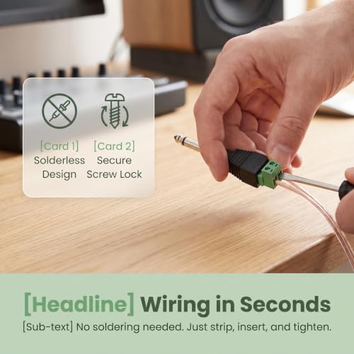 NANYI TS 1/4 Inch Jack, 6.35mm Mono Male Solderless Terminal Plug -2Pack | 6.35mm TS mono male; solderless screw terminal; green body; polarity marked; fits guitar amp speaker mic cable Plug - color: Green - welding free