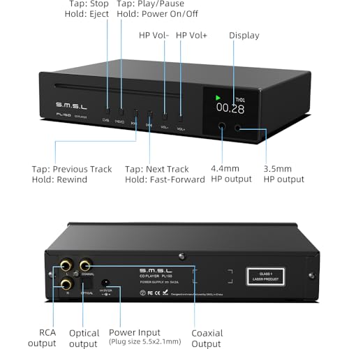 SMSL PL150 CD Player High Power CS43198 D/A chip, Standard/MQA-CD/HDCD CDs, with RCA/3.5mm & 4.4mm Headphone/Optical/Coaxial Output, for Vehicle/Laptop/TV/PC, CD Player Amp with Remote Control (Black) - color: BLACK