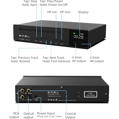 SMSL PL150 CD Player High Power CS43198 D/A chip, Standard/MQA-CD/HDCD CDs, with RCA/3.5mm & 4.4mm Headphone/Optical/Coaxial Output, for Vehicle/Laptop/TV/PC, CD Player Amp with Remote Control (Black) - color: BLACK