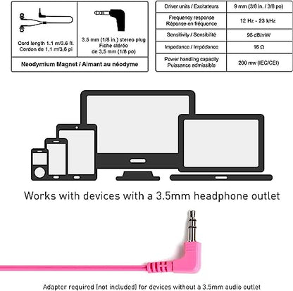 Panasonic ErgoFit Wired Earbuds, In-Ear Headphones With Dynamic Crystal-Clear Sound And Ergonomic Custom-Fit Earpieces (S/M/L), 3.5mm Jack For Phones And Laptops, No Mic - RP-HJE120-P (Pink) - color: Pink, style: No Mic