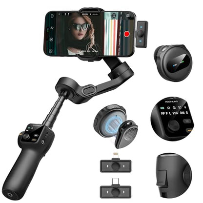 AOCHUAN 3-Axis Gimbal Stabilizer for iPhone with Lavalier Mic(V8 Mic Kit) - color: Black, size: Smart V8 Mic Kit