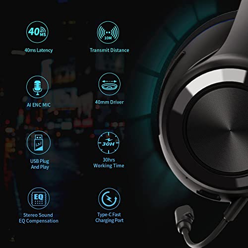 LETTON - Wireless Gaming Headset for PC, PS4, Nintendo Switch, Long Lasting Battery Up to 40 Hours, 7.1 Surround Sound, Memory Foam, Detachable Noise Cancelling Microphone with Mic Monitoring