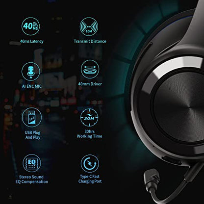 LETTON - Wireless Gaming Headset for PC, PS4, Nintendo Switch, Long Lasting Battery Up to 40 Hours, 7.1 Surround Sound, Memory Foam, Detachable Noise Cancelling Microphone with Mic Monitoring