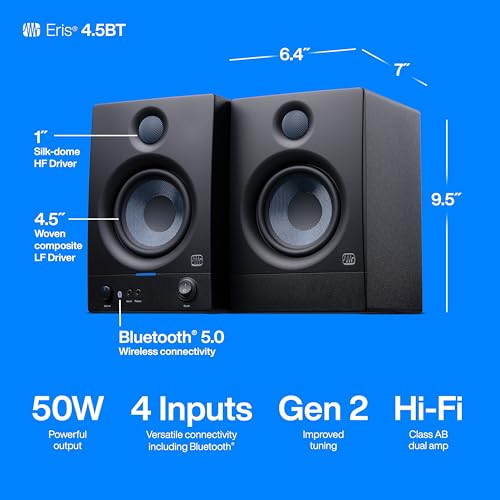 PreSonus Eris 4.5BT Bluetooth Studio Monitors, Pair — 4.5" Inch Powered Bookshelf Speakers, Stereo, Desktop Computer, Near Field Music Production, Audio Mixing Recording | 4.5 Inch Powered Bookshelf Speakers, Stereo, Desktop Computer, Near Field Music Pro