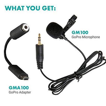 Movo GM100 Clip-on Lavalier Microphone for Compatible with GoPro HERO3, HERO3+ and HERO4 Black, White and Silver Editions - Includes Mic Adapter for Go Pro