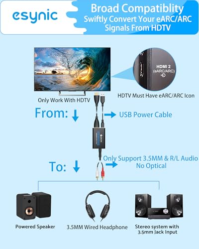 eSynic Professional 192KHZ eARC & ARC Audio Extractor-3.5mm AUX or L/R Out | USB Powered-From HDTV ARC or eARC Port to 3.5MM & L/R Audio Speaker-Setup PCM Audio Format Out & CEC is Enabled on your TV - style: eARC/ARC to RCA