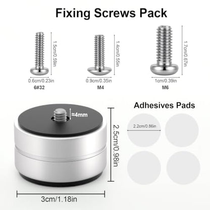 Aluminum Speaker Isolation Feet with Dual-Sided Silicone Pads - 30×17mm | 4-Pack Silver PC Case Feet with 6-32/M4/M6 Screws, Non-Slip Riser Feet with High Load Capacity for Heavy Equipment