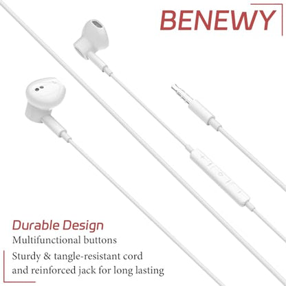 BENEWY in-Ear Earbuds Wired, Earphones with Microphone, Noise Isolation Corded for 3.5mm Jack Ear Buds for iPhone, Samsung, Computer, Laptop, Kids, School Students
