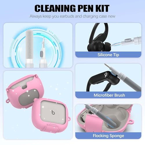 Secure Lock Case for Powerbeats Pro 2 with Phone Stand, LAKSDIURT Shockpoof Protection Cover Compatible with Beats Powerbeats Pro 2 Earbuds Clear Power Pro2 Case with Cleaner Kit & Keychain (Pink) - color: Pink