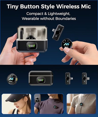 Wireless Lavalier Microphone for iPhone & Android Phones, Clip-on Lapel Mic | AI Noise Reduction & Hi-Fi Audio & 24H Working Time & 50M/164FT Range, for Video Recording/Live Stream/Vlog/Podcast/Interview