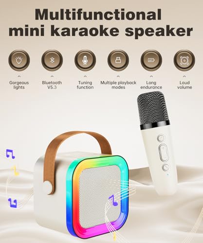 Mini Kids Karaoke Machine Toy Ages 3-12, 2 Wireless Mics Bluetooth Speaker | LED Party Lights, Voice Changer, Duets, BT 5.3, Rechargeable Portable, Christmas Birthday Gifts for Toddler Boys & Girls - color: Off-White - 2 Mics
