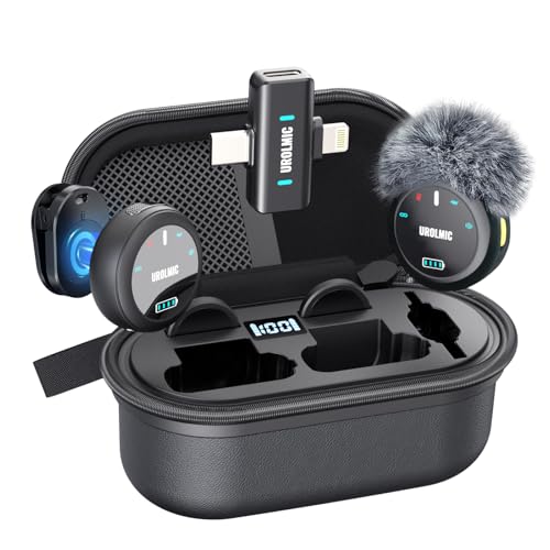 Wireless Lavalier Microphone for iPhone and Android | Leather charging case with integrated charging, 40H battery life, 55M transmission and noise reduction for vlog and streaming