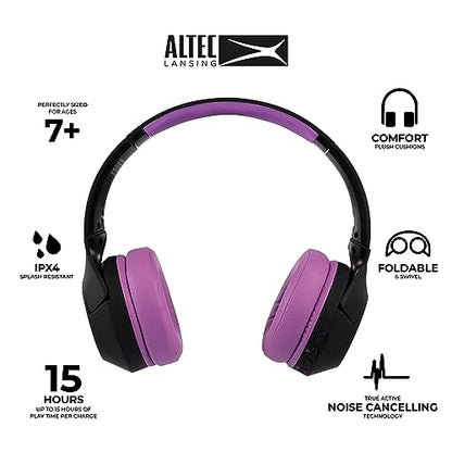 Altec Lansing Kid Safe Noise Cancelling Wireless Headphones 15H Battery, 85dB Volume Limit, Foldable Design Powerful Sound, Active Noise Cancellation Perfect for Kids Ages 7+ - color: Blackout Purple