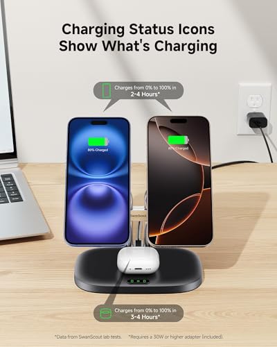 Dual Wireless Charger for iPhone 17, SwanScout 706M, Black | Dual Magnetic Charger for iPhone Air/16/15/14/13/12 Series, Charging Station for AirPods Pro 3/2, AirPods 4/3 - color: Black