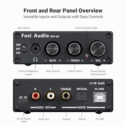 Fosi Audio Q4 DAC Headphone Amp for PC, Desktop Digital to Analog Audio Converter for Home Stereo Amplifier and Powered Speakers, PC-USB/Optical/Coaxial Inputs, 3.5mm Headphone/RCA Outputs