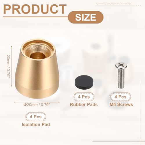 MECCANIXITY 4Pcs Speaker Isolation Pad Feet, 20x20mm Shockproof Aluminum Alloy Vibration Isolation Speaker Shock Base Pad Cone Base with Screws & Rubber Pads for Audio Equipment, Gold - color: Gold, size: 20x20mm