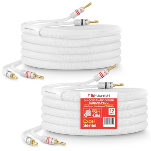 Nakamichi 24k Gold Plated Banana Plugs Speaker Cables 99.9% OFC (15 Feet) | Oxygen-Free Copper, Excel Series, Amplifier Heavy Duty Braided In-Wall CL2 Rated Wires - White (12AWG / 15ft / 4.5m) 2-Pack - color: White, size: 12 AWG (15-Feet)