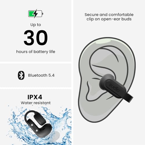 Sudio Audio B3 Open-Ear True Wireless Earbuds – Bluetooth 5.3 Clip-On Headphones with Secure Fit, Sweat-Resistant, Built-in Mic, Long Battery Life, Compatible with iPhone & Android (Black) - color: Black