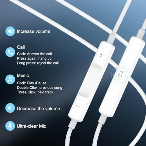 USB C Earbuds for iPhone 17 16 15, 2 Pack Wired with Mic and Remote