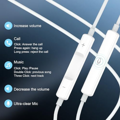 USB C Earbuds for iPhone 17 16 15, 2 Pack Wired with Mic and Remote