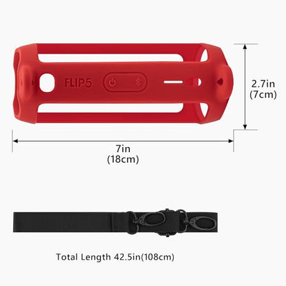 Geekria Silicone Speaker Case Cover Compatible with JBL Flip 5, Protective Soft Skin, Replacement Portable Speakers Travel Carrying Sleeve with Keychain Hook and Shoulder Strap (Red)