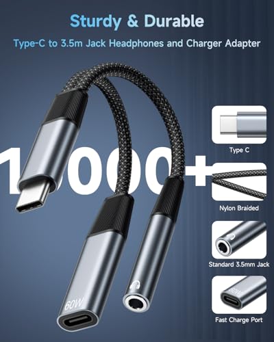 2 in 1 USB C to 3.5mm Jack and Charger Adapter, USB C Headphone Adapter | Type C to Aux to USBC Splitter with 60W PD Fast Charging for Samsung S26 S25,iPhone 17 16 15 Pro Max Plus,iPad, Pixel,Huawei